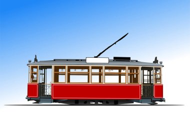 Şehir ulaşımı. Yaşlı Tram. Renkli Vektör 3d el çizimi illüstrasyon 