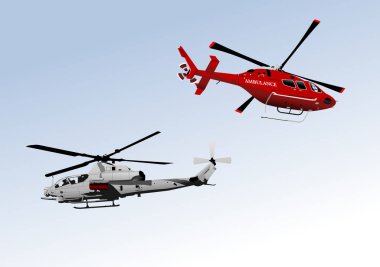 İki ambulans ve askeri helikopter. Vektör 3d el çizimi illüstrasyon
