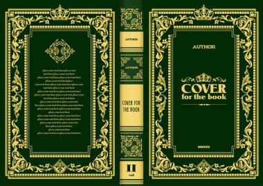 Süslü deri kitap kapağı ve eski süs çerçeveleri. Royal Golden tarzı tasarım. Tarihi bir roman. Oriental stil Vektör çizimi. El çizimi illüstrasyon