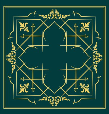 Koyu arkaplanda altın bir süs. Davetiye olarak kullanılabilir. Kitap kapağı. Vektör çizimi. El çizimi illüstrasyon