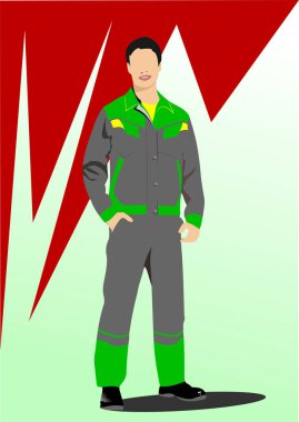 Genç işçi. Vektör 3d el çizimi illüstrasyon