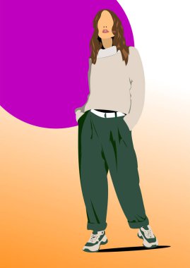 Genç bir kız. 3d vektör renk el çizimi