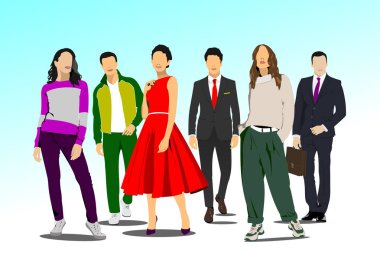 Üç yakışıklı erkek ve üç kadın. Vektör 3d el çizimi illüstrasyon