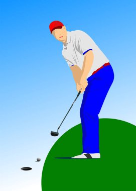 Golf oyuncusu posteri. Vektör 3d el çizimi illüstrasyon 
