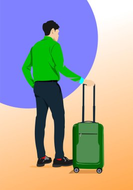 Bavullu bir iş adamı. Vektör 3d el çizimi illüstrasyon