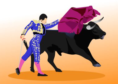 Corrida tipik bir İspanyol eğlencesi, boğa güreşi. Renkli vektör el çizimi resimleme