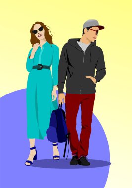 Güneş gözlüklü genç adam ve kadın. İş adamı. Renkli 3d Vektör el çizimi