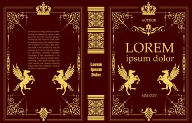 Süslü deri kitap kapağı ve eski süs çerçeveleri. Royal Golden tarzı tasarım. Tarihi bir roman. Kitapların kapaklarına basılacak klasik Sınır. Renkli Vektör el çizimi resimleme