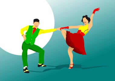 Lindy hop or rock-n-roll dance. Dance for rock-n-roll music. 3d vector hand drawn illustration clipart