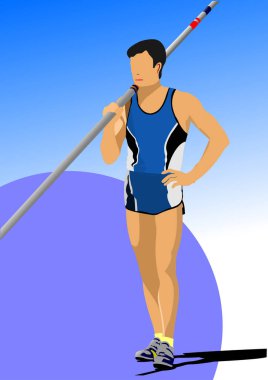 Atletik sırıkla atlama. Koşu ve saha. 3d Vektör el çizimi resimleme.