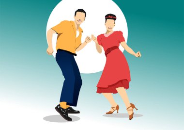 Lindy hop veya boogie-woogie dansı. Boogie-woogie müziği için dans et. 3d vektör el çizimi