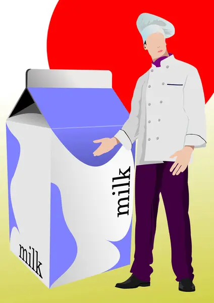 Pełne Ciało Szefa Kuchni Opakowaniem Mleka Wektor Ręcznie Rysowane Ilustracja — Wektor stockowy