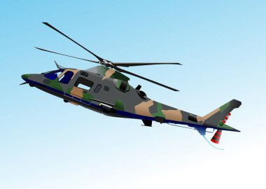 Ordu helikopteri havada. Vektör 3 boyutlu illüstrasyon. El çizimi illüstrasyon