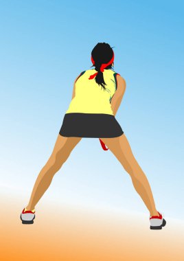 Tenis oyuncusu posteri. Tasarımcılar için Renkli Vektör 3 boyutlu illüstrasyon. El çizimi illüstrasyon