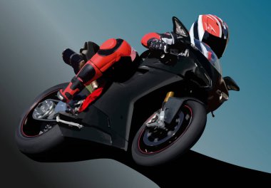 Mavi gökyüzü arka planında motosiklet. Motorcu. Renkli Vektör el çizimi 3d illüstrasyon