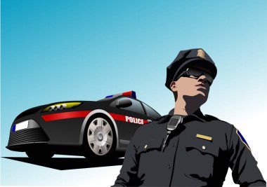 Amerikan polisi ve polis arabası. 3d renk vektör el çizimi illüstrasyonu