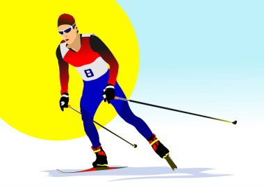 Kış sporu siluetleri. Kayak yapıyorum. Renkli 3d vektör çizimi. El çizimi illüstrasyon