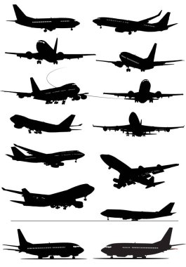 Uçak siluetleri. Siyah el çizimi. Bir tıklama renk değişimi