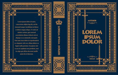 Süslü deri kitap kapağı ve eski süs çerçeveleri. Royal Golden tarzı tasarım. Tarihi bir roman. Kitapların kapaklarına basılacak klasik Sınır. Renkli Vektör el çizimi resimleme