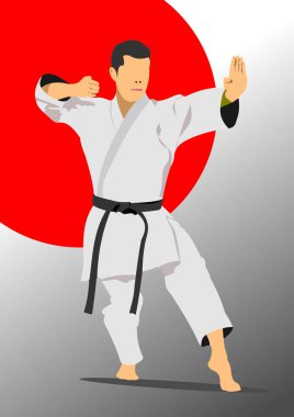 Japon görüntüleri. Doğulu dövüş sporları. Kung Fu. Renkli 3d vektör el çizimi illüstrasyonu