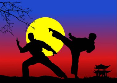 Japon görüntüleri. Doğulu dövüş sporları. Kung Fu. Renkli 3d vektör el çizimi illüstrasyonu