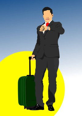 Bavullu adam. Vektör 3d el çizimi illüstrasyon