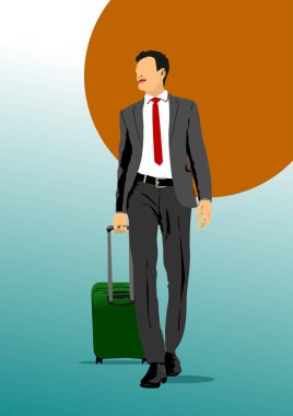 Bavullu adam. Vektör 3d el çizimi illüstrasyon