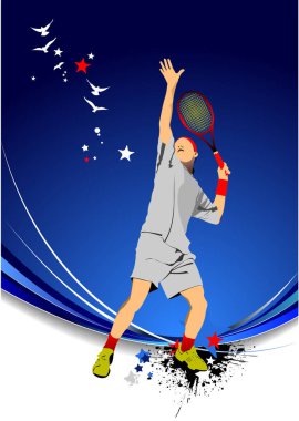 Tenis oyuncusu posteri. Renkli Vektör el çizimi 3d illüstrasyon 