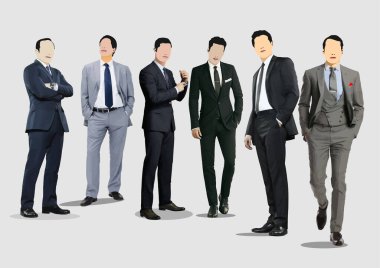 Altı iş adamı. 3d vektör el çizimi