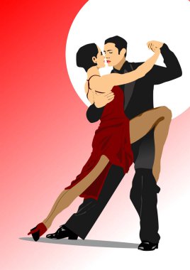 Tango yapan bir çift. Vektör Renkli el çizimi 3d illüstrasyon