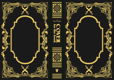 Süslü deri kitap kapağı ve eski süs çerçeveleri. Royal Golden tarzı tasarım. Tarihi bir roman. Oriental stil Vektör çizimi. El çizimi illüstrasyon
