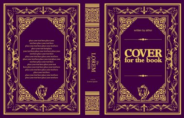 Süslü deri kitap kapağı ve eski süs çerçeveleri. Royal Golden tarzı tasarım. Tarihi bir roman. Oriental stil Vektör çizimi. El çizimi illüstrasyon 