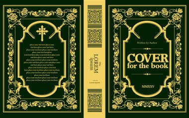 Süslü deri kitap kapağı ve eski süs çerçeveleri. Royal Golden tarzı tasarım. Tarihi bir roman. Oriental stil Vektör çizimi. El çizimi illüstrasyon 