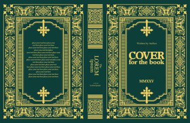 Süslü deri kitap kapağı ve eski süs çerçeveleri. Royal Golden tarzı tasarım. Tarihi bir roman. Oriental stil Vektör çizimi. El çizimi illüstrasyon 