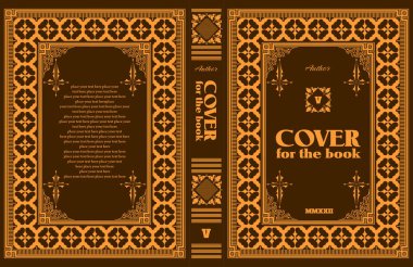 Süslü deri kitap kapağı ve eski süs çerçeveleri. Royal Golden tarzı tasarım. Tarihi bir roman. Oriental stil Vektör çizimi. El çizimi illüstrasyon 