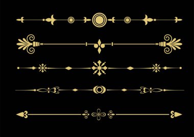 Art deco bölmeleri ve dekoratif altın başlıklar. Viktorya dönemi kitabı ve iç mimari süsü. Siyah arka grupta vektör düz resim deco illüstrasyonuName