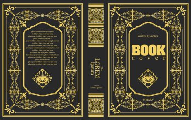 Süslü deri kitap kapağı ve eski süs çerçeveleri. Royal Golden tarzı tasarım. Tarihi bir roman. Oriental stil Vektör çizimi. El çizimi illüstrasyon 