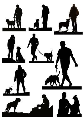 Siyah ve beyaz adam ve köpek siluetleri. El çizimi Vektör illüstrasyonu