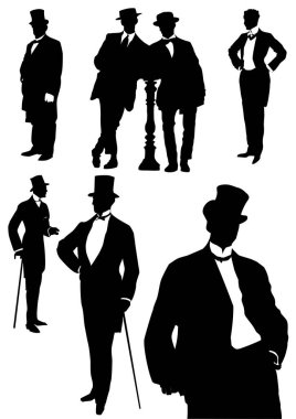 Londra beyefendileri siyah beyaz siluetler. 3d el çizimi vektör illüstrasyonu 