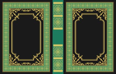 Süslü deri kitap kapağı ve eski süs çerçeveleri. Royal Golden tarzı tasarım. Tarihi bir roman. Oriental stil Vektör çizimi. El çizimi illüstrasyon 
