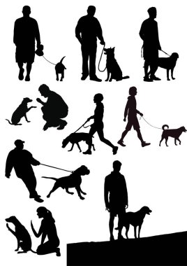 Köpekli adam. 3d siluet vektör el çizimi illüstrasyon