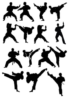 Doğulu dövüş sporları. Karate. Siluetler vektör el çizimi illüstrasyon. 