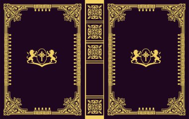 Süslü deri kitap kapağı ve eski süs çerçeveleri. Royal Golden tarzı tasarım. Tarihi bir roman. Oriental stil Vektör çizimi. El çizimi illüstrasyon 
