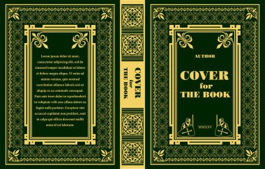 Süslü deri kitap kapağı ve eski süs çerçeveleri. Royal Golden tarzı tasarım. Tarihi bir roman. Oriental stil Vektör çizimi. El çizimi illüstrasyon 