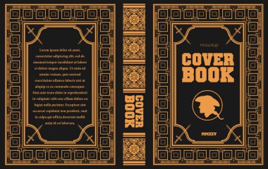 Süslü deri kitap kapağı ve eski süs çerçeveleri. Royal Golden tarzı tasarım. Tarihi bir roman. Oriental stil Vektör çizimi. El çizimi illüstrasyon 