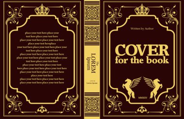Süslü deri kitap kapağı ve eski süs çerçeveleri. Royal Golden tarzı tasarım. Tarihi bir roman. Oriental stil Vektör çizimi. El çizimi illüstrasyon