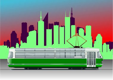 Büyük şehir siluetinin önünden geçen yeşil tramvay.