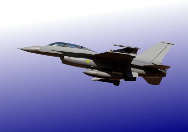 Modern askeri jet uçağı mavi gökyüzünde uçuyor.