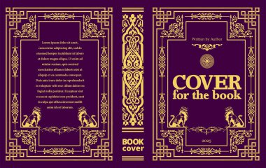 Zarif altın kapak ya da sayfa tasarımı. Aslanlar ve mor arka planda karmaşık sınırlar.