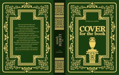 Zarif yeşil ve altın kapak tasarımı süslemeli eski süslemeler ve klasik bir Yunan sütunu